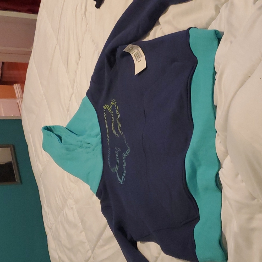 Navy and light teal Fox hoodie sweater